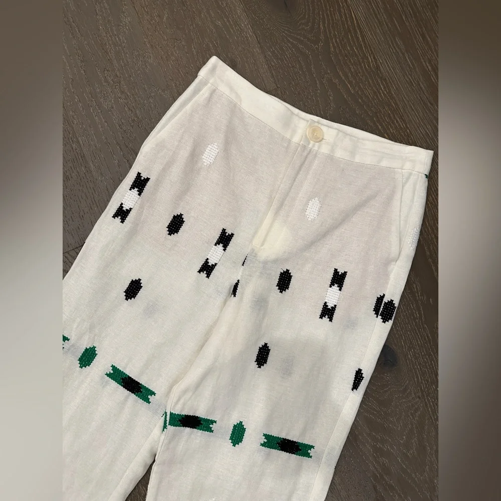 NWT Zara Embroidered Linen Blend Pants | Size S | white black & green - Picture 2 of 4